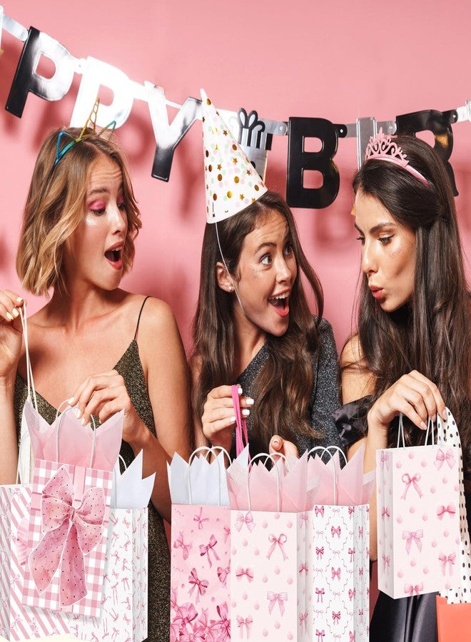 MotiMind 24 Pcs Christmas Pink Bow Paper Gift Bags with Tissue Papers Women Coquette Birthday Party Favor Bag with Handles Goodie Candy Sack for Bachelorette Bridal Shower Wedding(White Pink) - Image 5